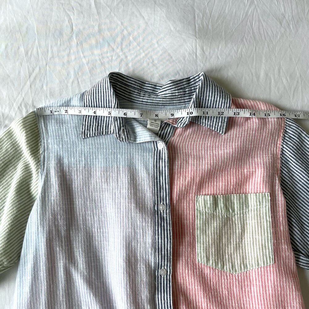Japna Pinstripe Pastel Colorblock Cotton Button Down Shirt - Size S - Picture 6 of 9